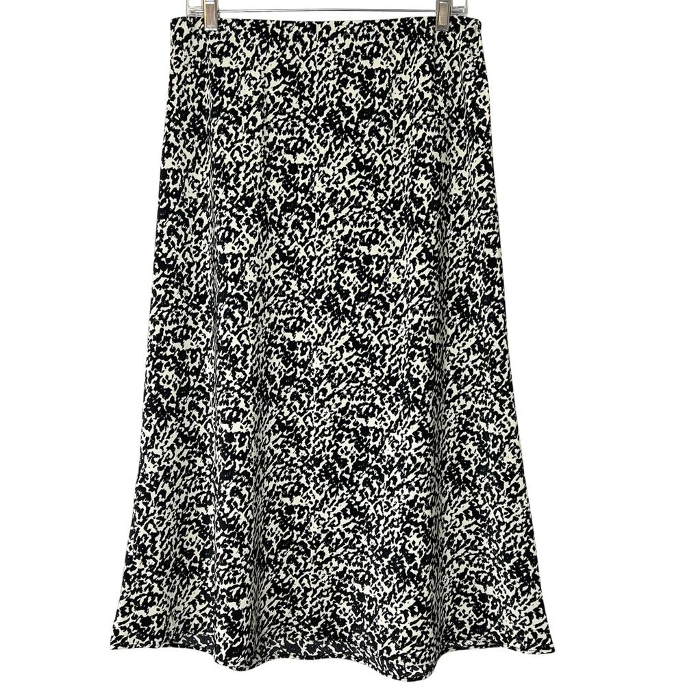 Evereve A-Line Midi Satin Skirt Black Cream Abstract Print Large